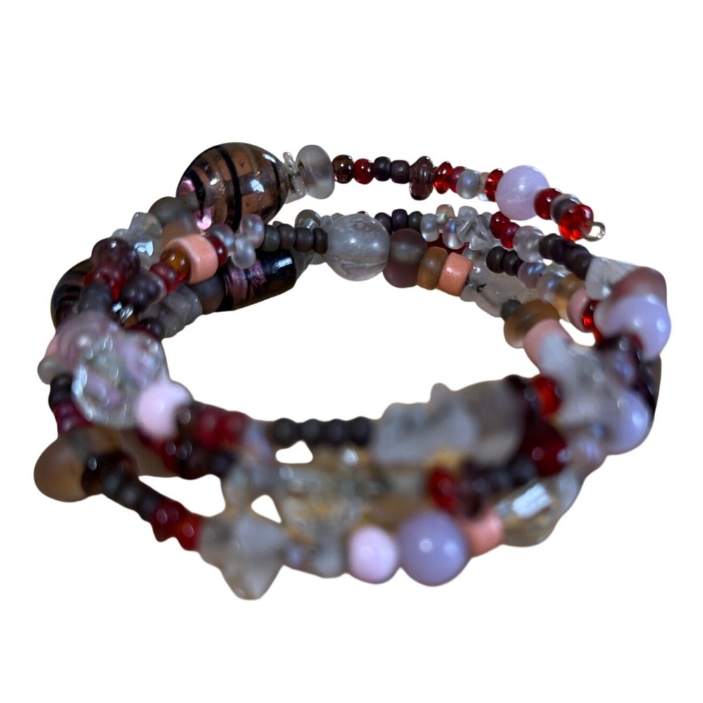 Handcrafted Beaded Memory Wire‎ Wrap Bracelet Burgundy Pink Mauve Boho Boho
